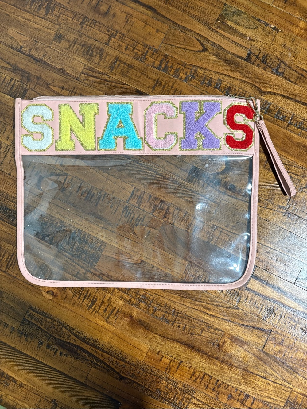 Clear Kids Snack Pouch with Pink Trim and Colorful Lettering